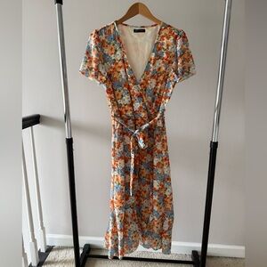 PrettyGarden Floral Wrap Dress with Tie Waist - Orange & Blue